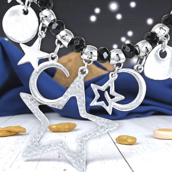 π Celestial Boho Statement Necklace Turkish Handmade Silver Zamak Beads Artisan - Picture 5 of 13